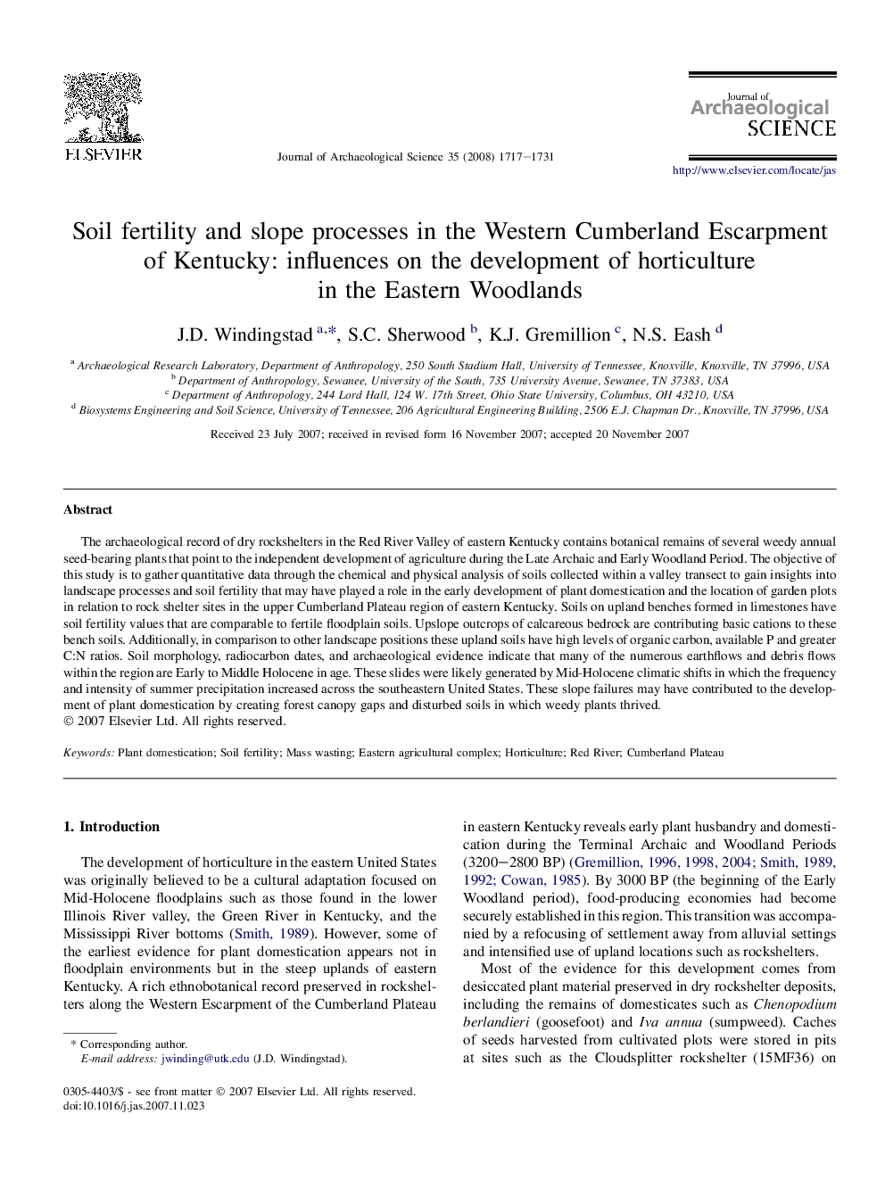 Soil fertility and slope processes in the Western Cumberland Escarpment of Kentucky: influences on the development of horticulture in the Eastern Woodlands