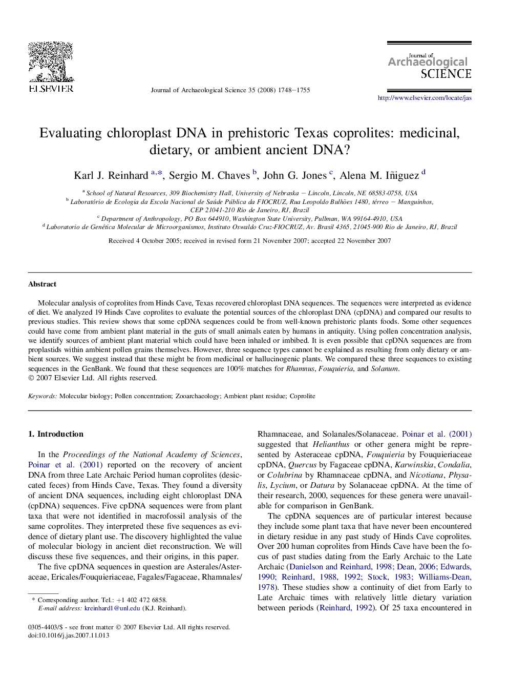 Evaluating chloroplast DNA in prehistoric Texas coprolites: medicinal, dietary, or ambient ancient DNA?