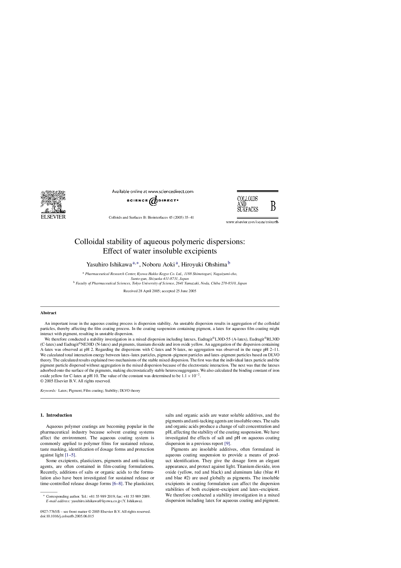 Colloidal stability of aqueous polymeric dispersions: Effect of water insoluble excipients