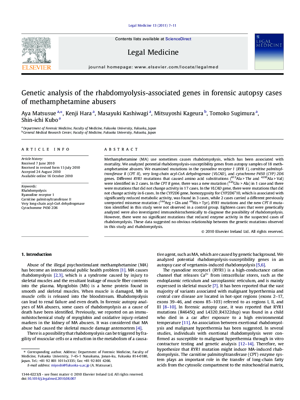 Genetic analysis of the rhabdomyolysis-associated genes in forensic autopsy cases of methamphetamine abusers