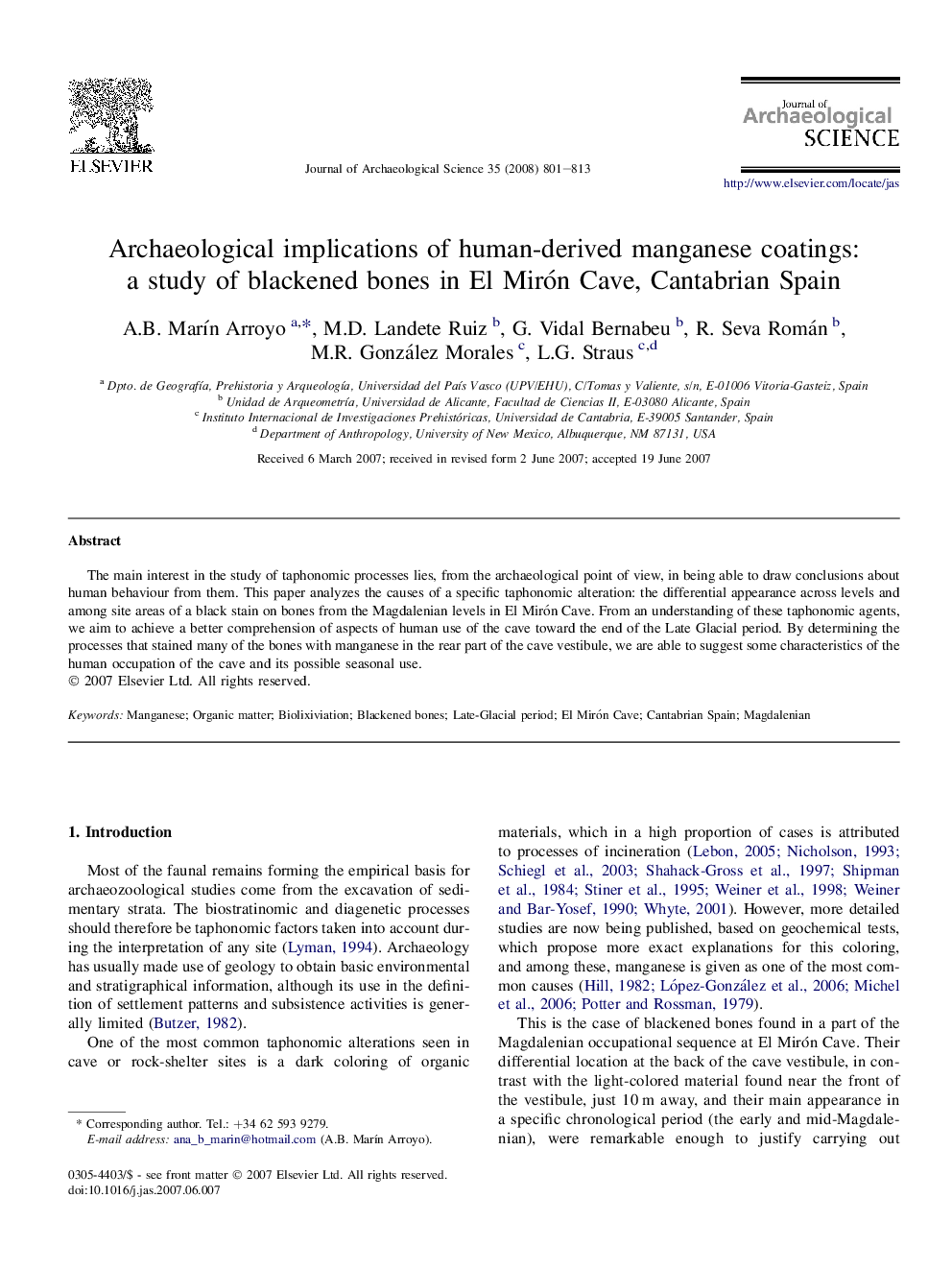 Archaeological implications of human-derived manganese coatings: a study of blackened bones in El Mirón Cave, Cantabrian Spain