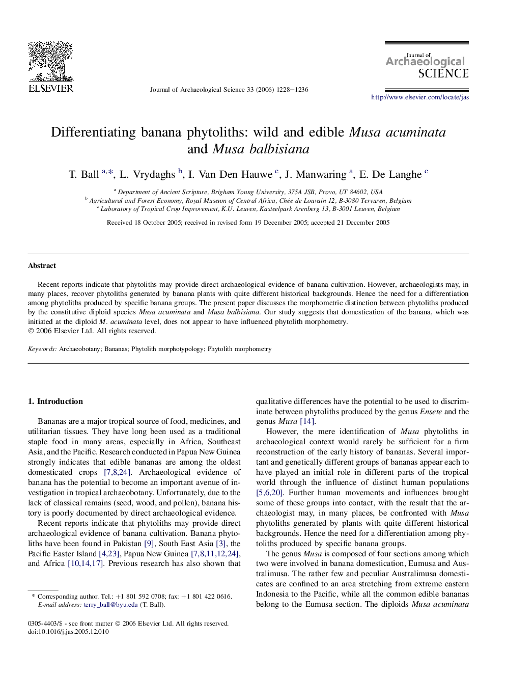 Differentiating banana phytoliths: wild and edible Musa acuminata and Musa balbisiana