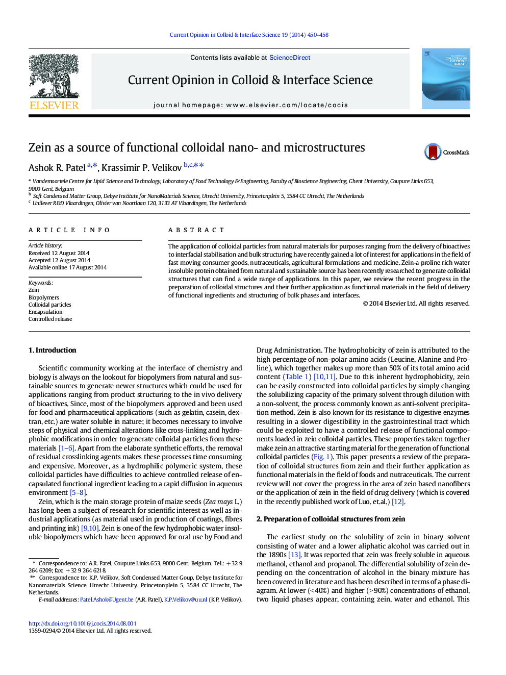 Zein as a source of functional colloidal nano- and microstructures