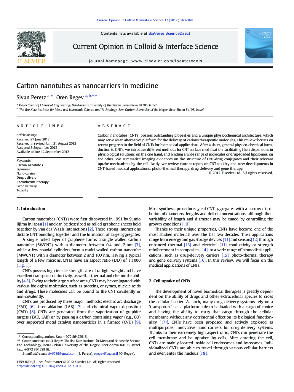 Carbon nanotubes as nanocarriers in medicine