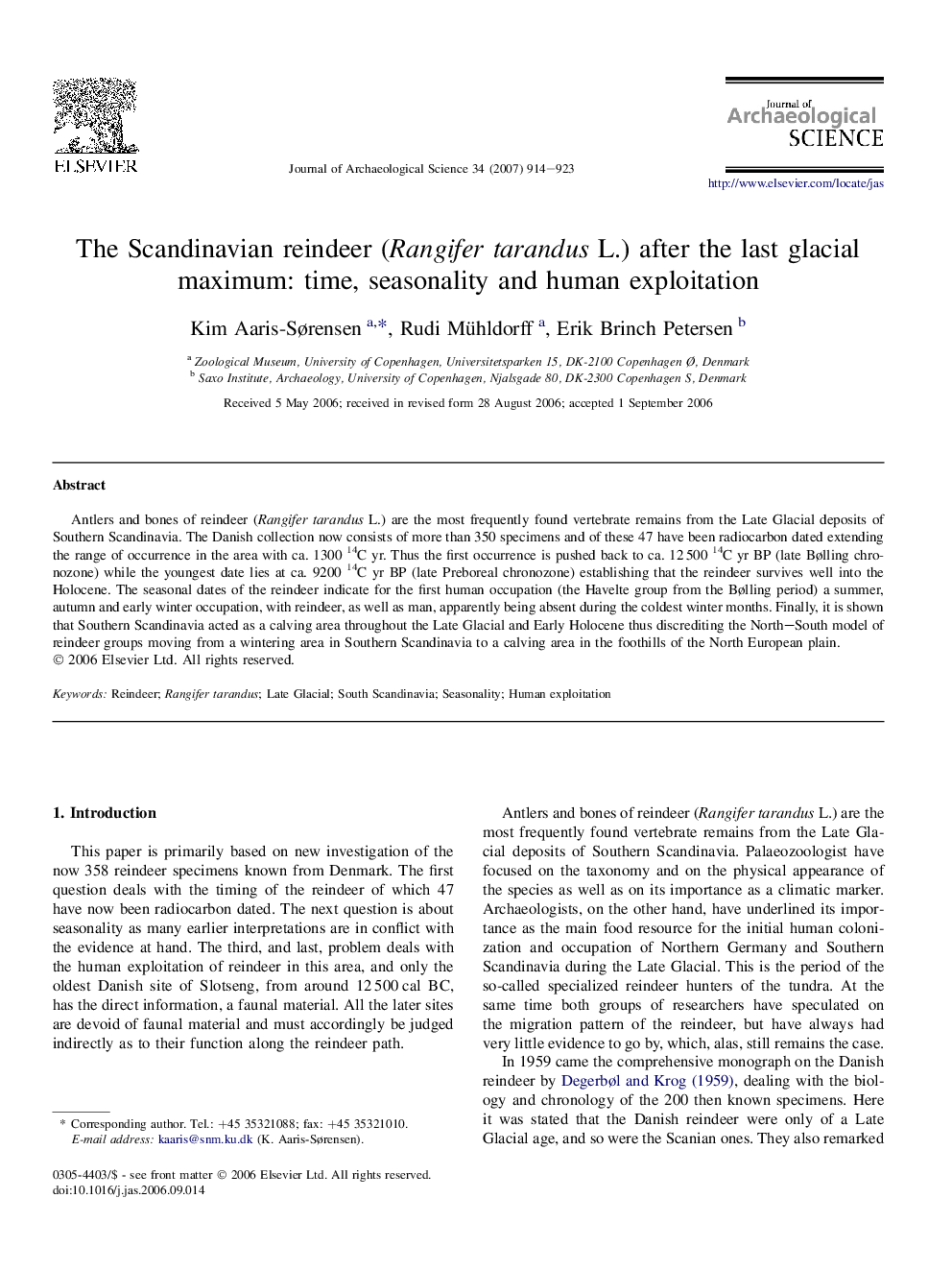 The Scandinavian reindeer (Rangifer tarandus L.) after the last glacial maximum: time, seasonality and human exploitation