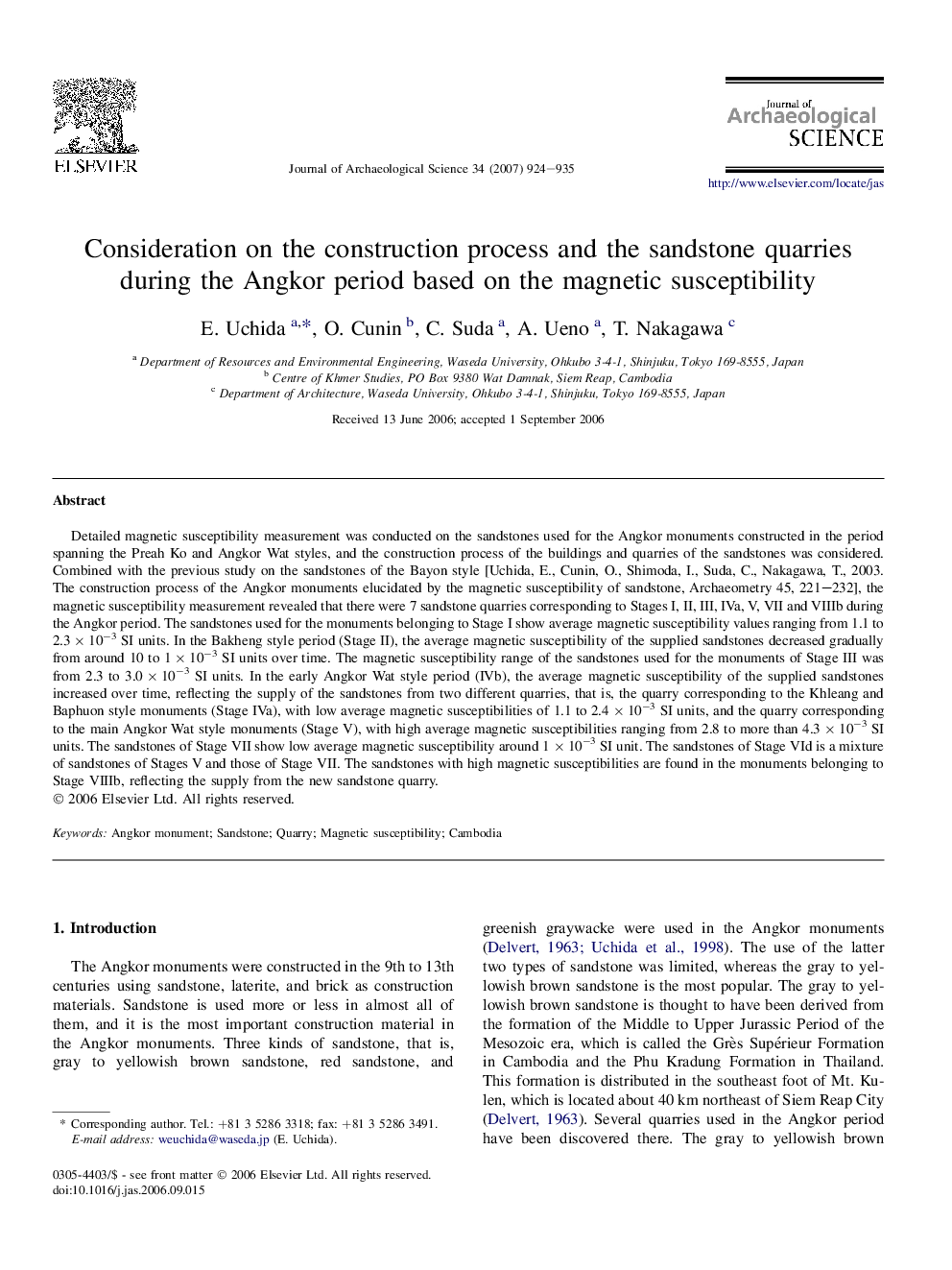 Consideration on the construction process and the sandstone quarries during the Angkor period based on the magnetic susceptibility