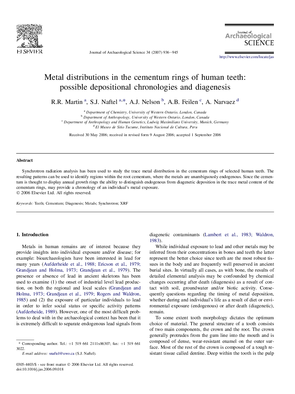 Metal distributions in the cementum rings of human teeth: possible depositional chronologies and diagenesis