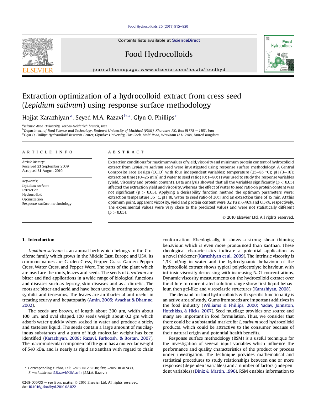 Extraction optimization of a hydrocolloid extract from cress seed (Lepidium sativum) using response surface methodology