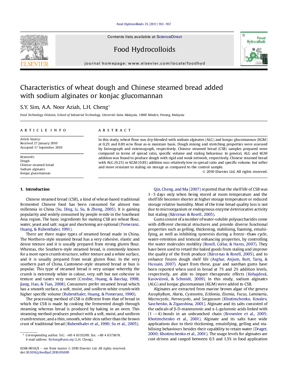 Characteristics of wheat dough and Chinese steamed bread added with sodium alginates or konjac glucomannan