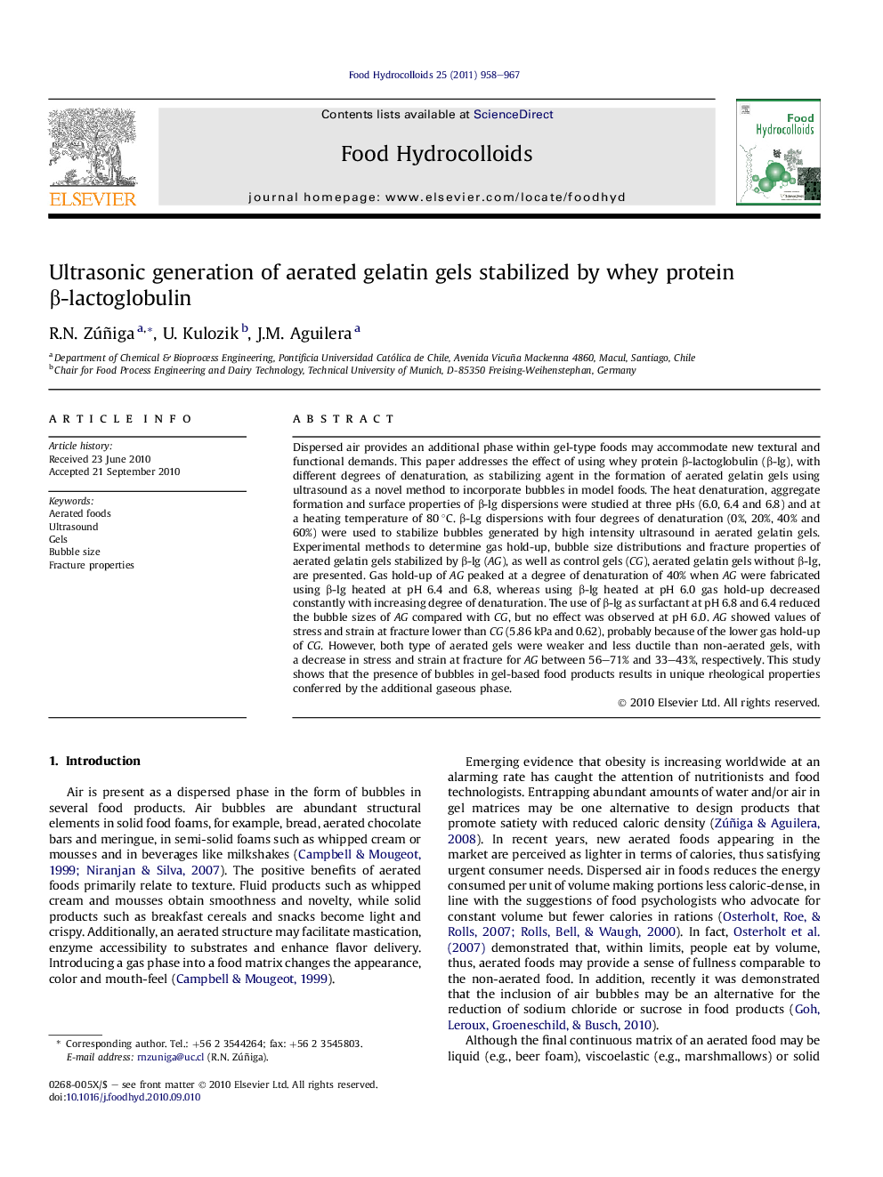 Ultrasonic generation of aerated gelatin gels stabilized by whey protein Î²-lactoglobulin