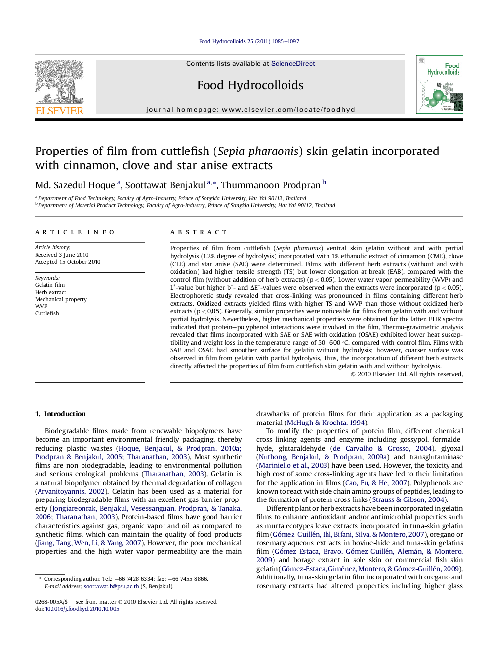 Properties of film from cuttlefish (Sepia pharaonis) skin gelatin incorporated with cinnamon, clove and star anise extracts