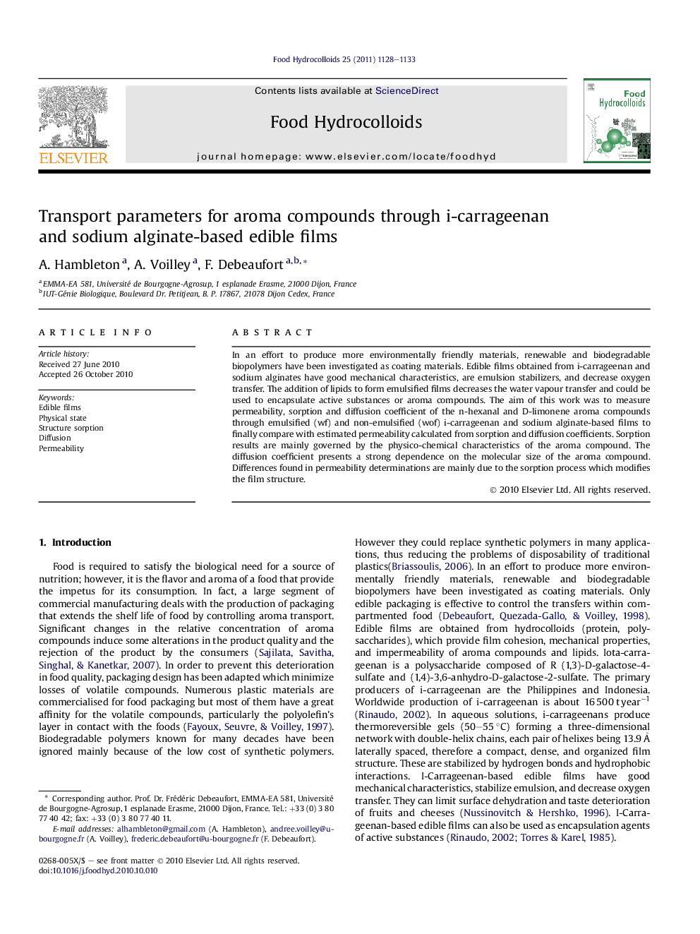 Transport parameters for aroma compounds through i-carrageenan and sodium alginate-based edible films