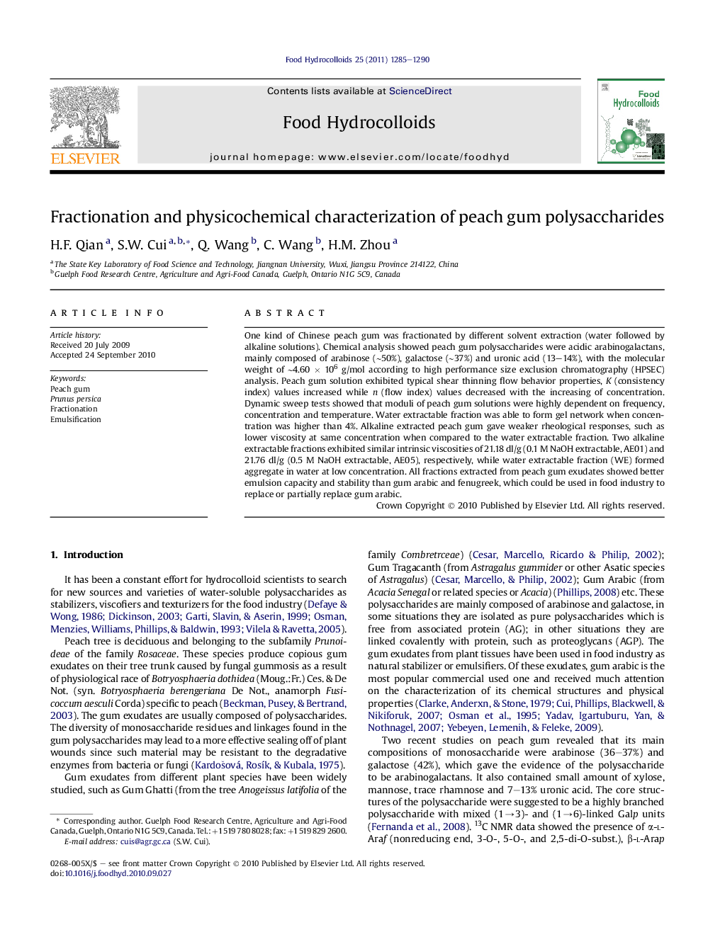 Fractionation and physicochemical characterization of peach gum polysaccharides