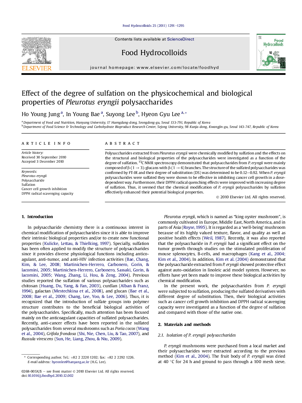 Effect of the degree of sulfation on the physicochemical and biological properties of Pleurotus eryngii polysaccharides