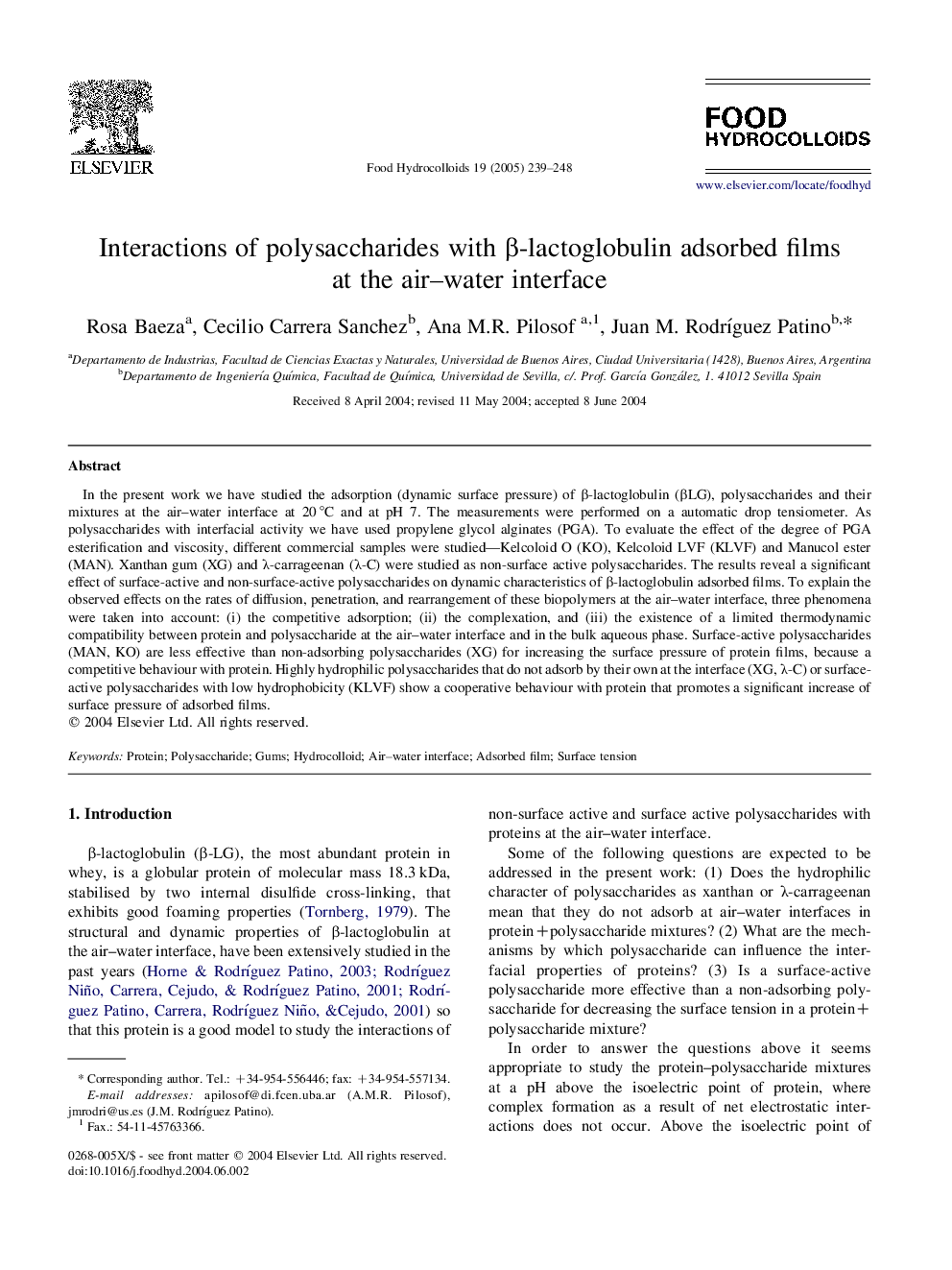 Interactions of polysaccharides with Î²-lactoglobulin adsorbed films at the air-water interface