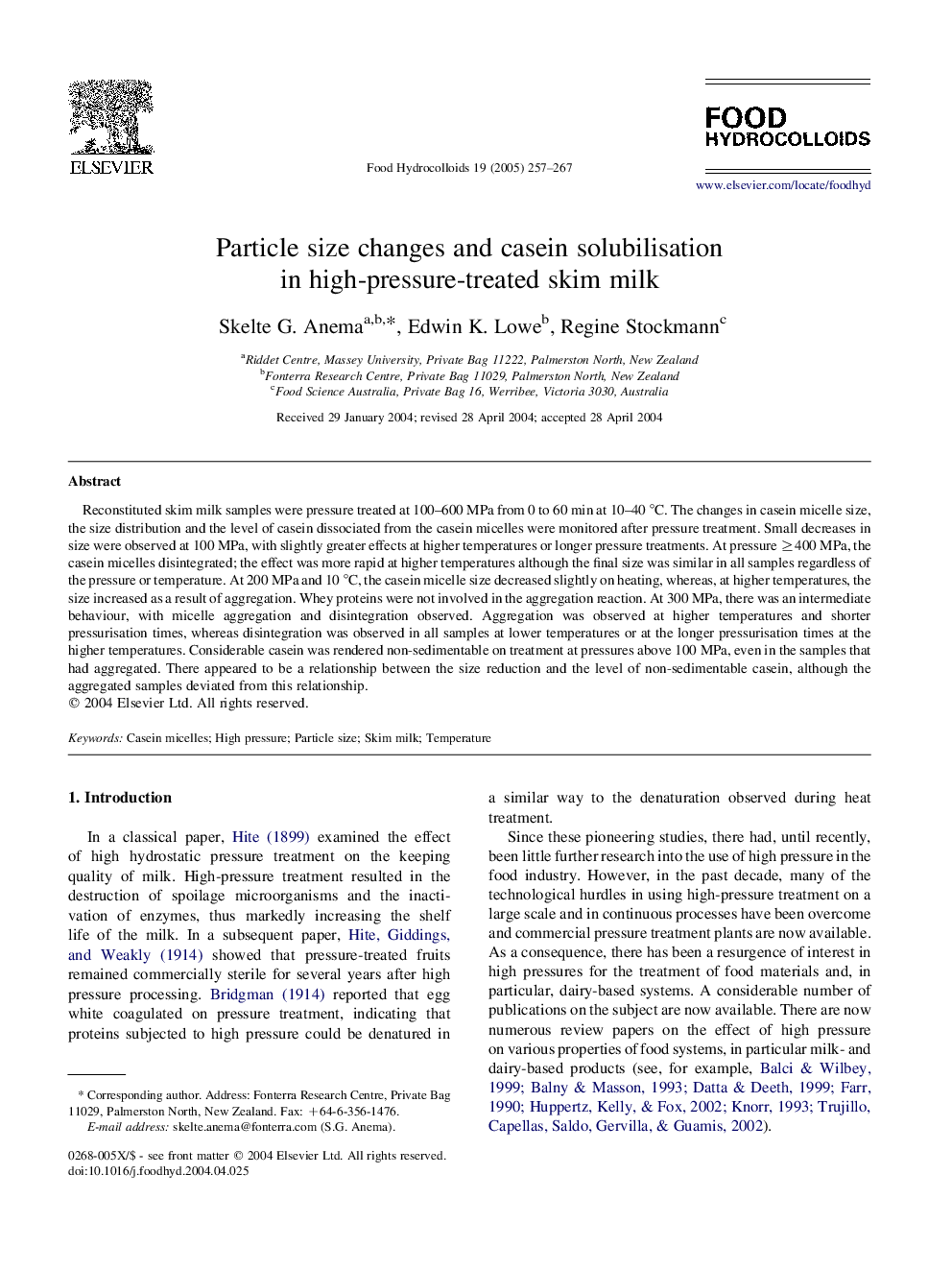 Particle size changes and casein solubilisation in high-pressure-treated skim milk