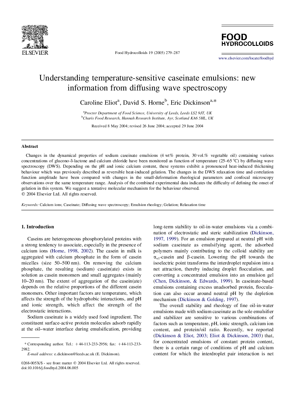 Understanding temperature-sensitive caseinate emulsions: new information from diffusing wave spectroscopy