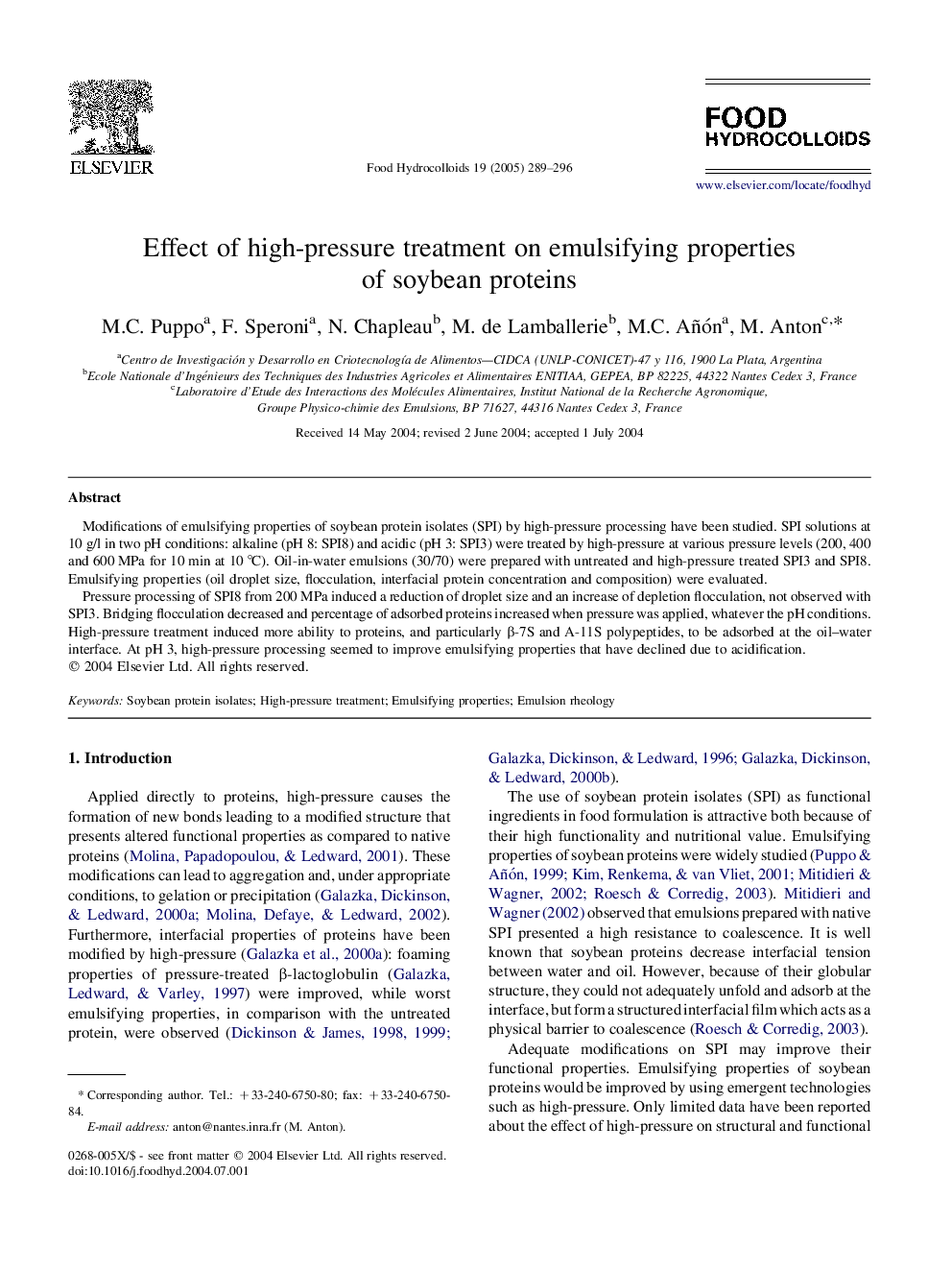 Effect of high-pressure treatment on emulsifying properties of soybean proteins