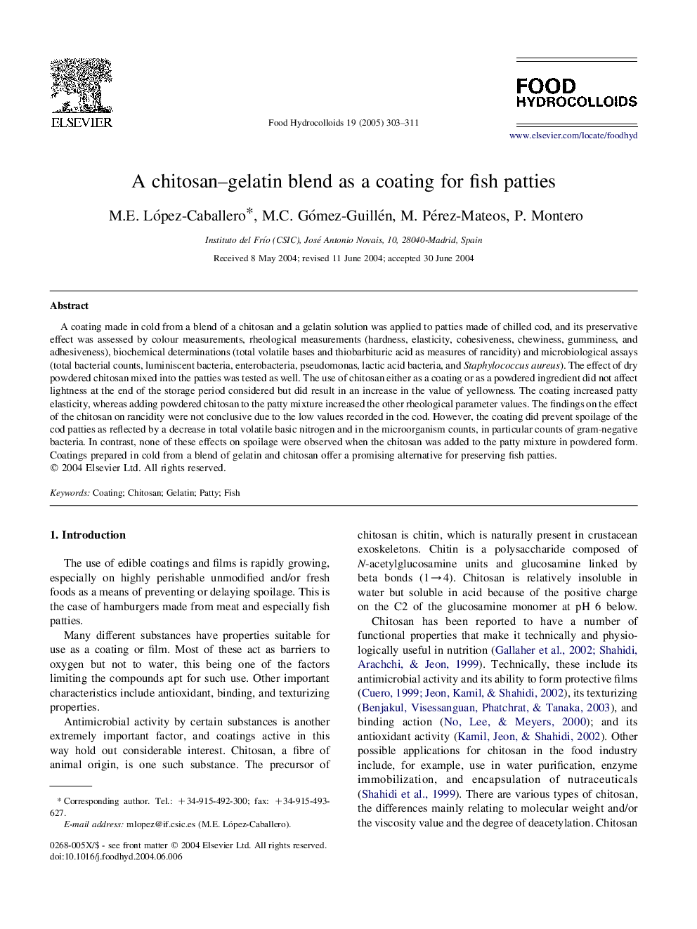 A chitosan-gelatin blend as a coating for fish patties