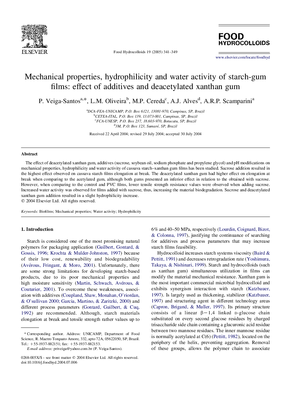 Mechanical properties, hydrophilicity and water activity of starch-gum films: effect of additives and deacetylated xanthan gum