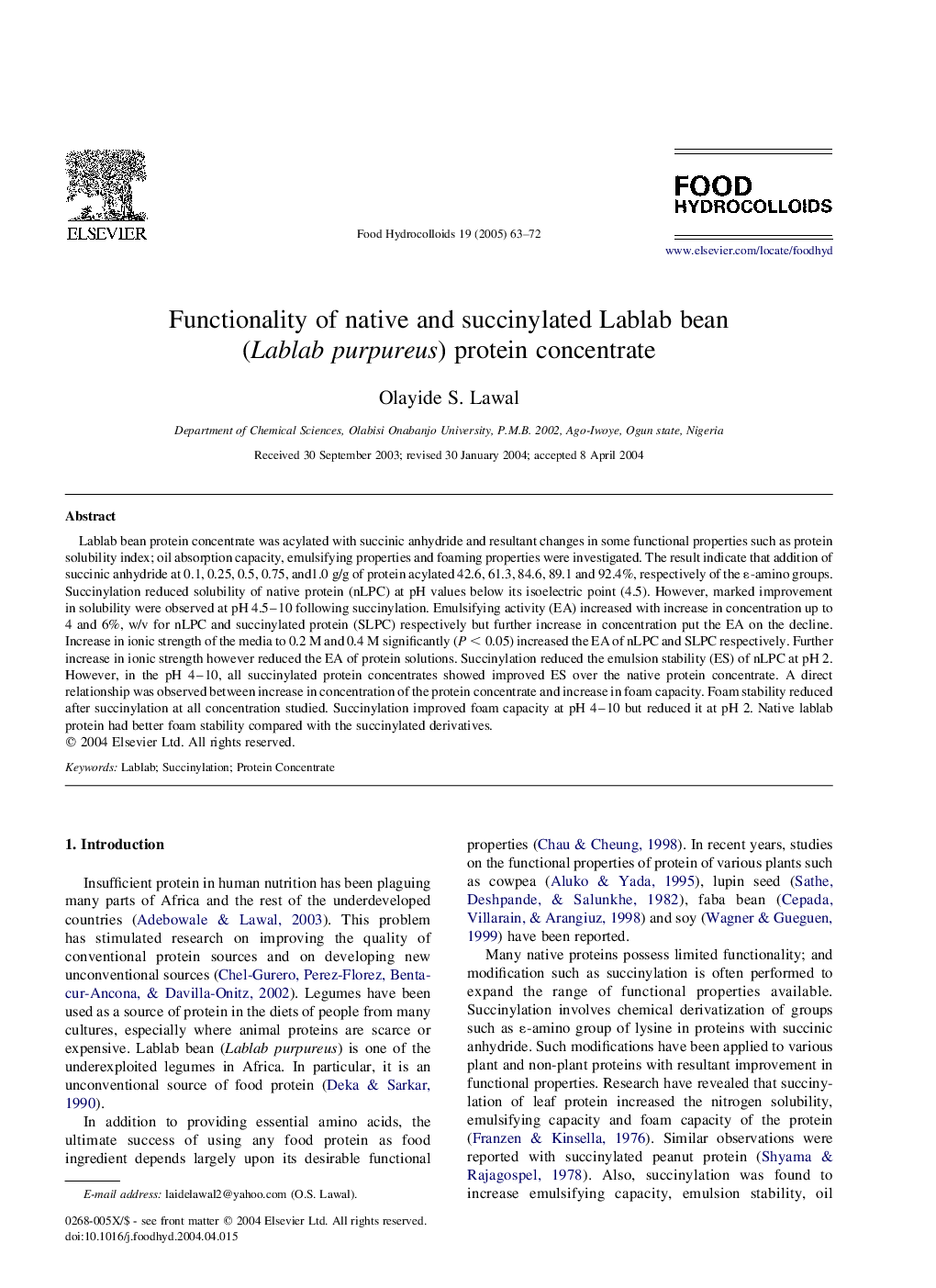 Functionality of native and succinylated Lablab bean (Lablab purpureus) protein concentrate