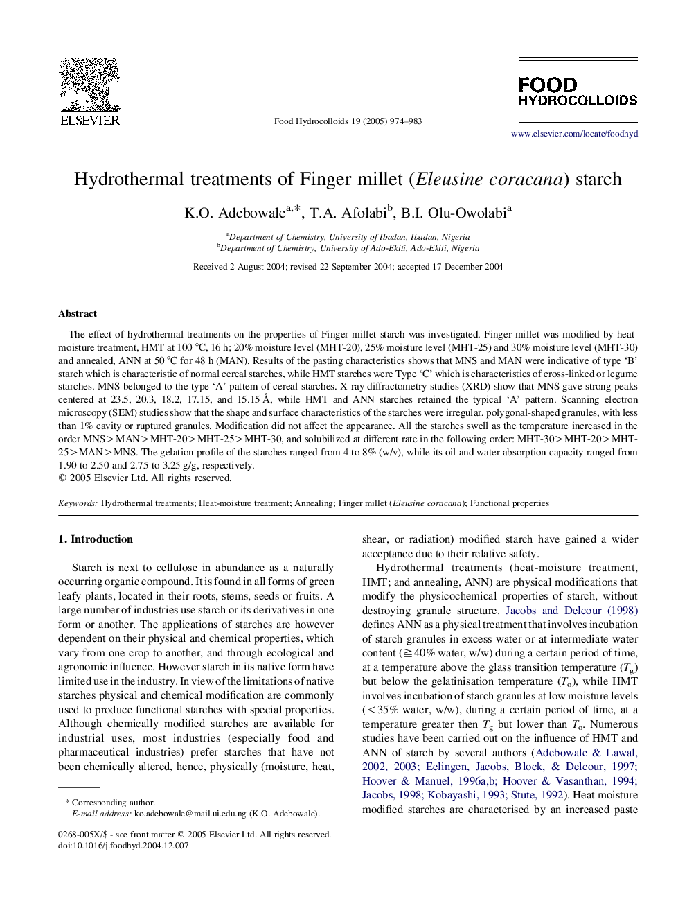 Hydrothermal treatments of Finger millet (Eleusine coracana) starch