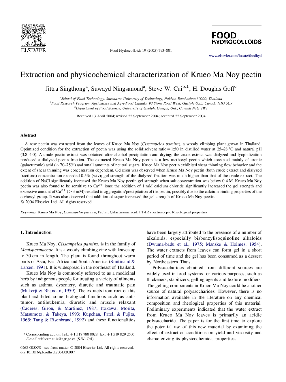 Extraction and physicochemical characterization of Krueo Ma Noy pectin