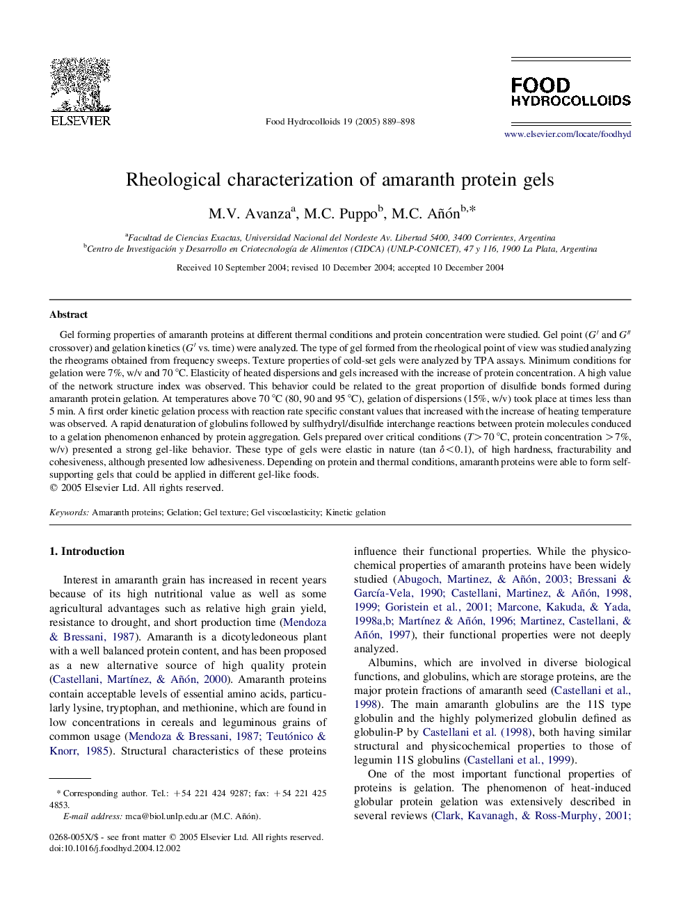 Rheological characterization of amaranth protein gels