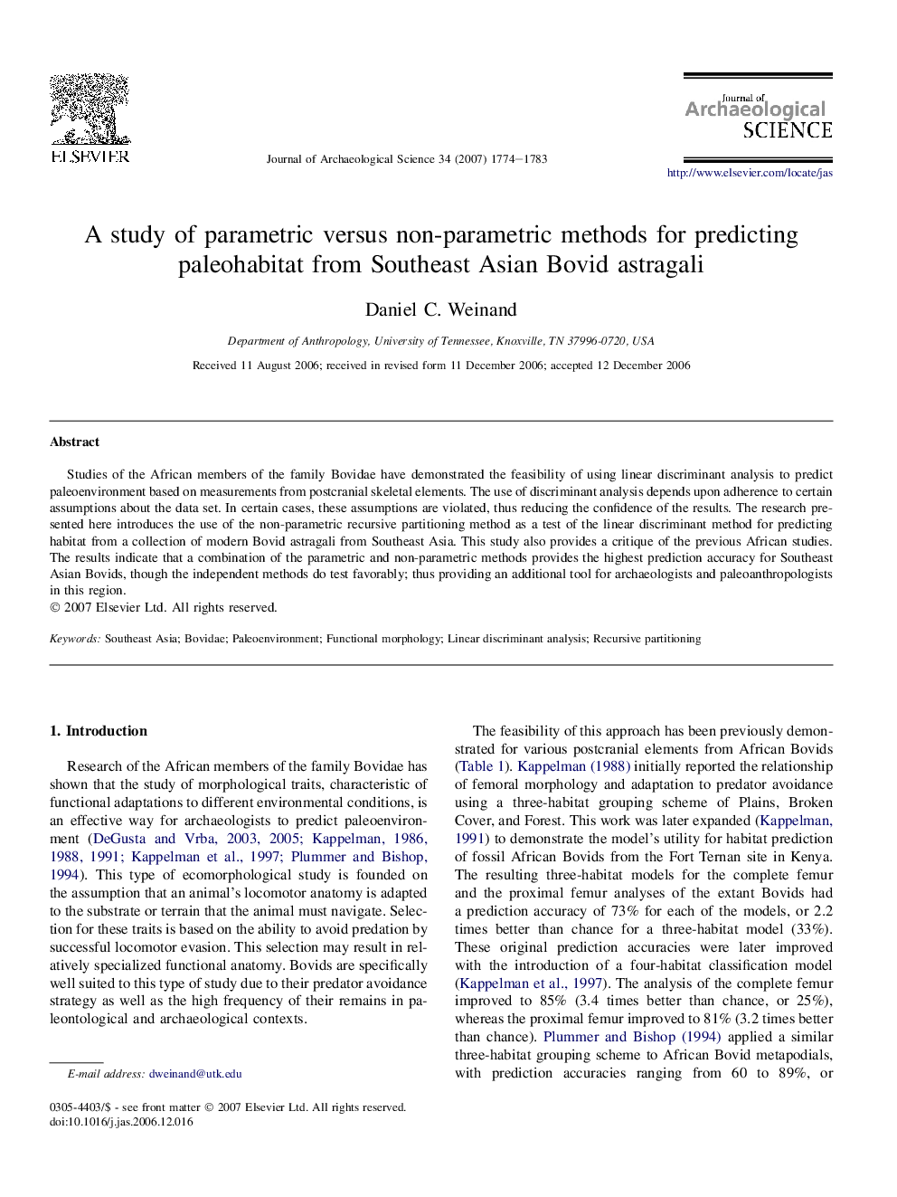 A study of parametric versus non-parametric methods for predicting paleohabitat from Southeast Asian Bovid astragali