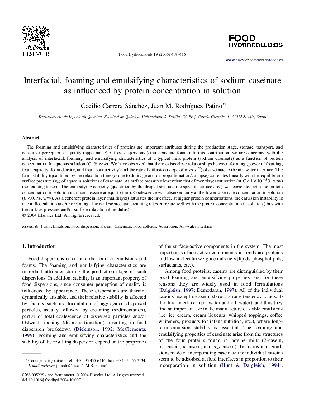 Interfacial, foaming and emulsifying characteristics of sodium caseinate as influenced by protein concentration in solution