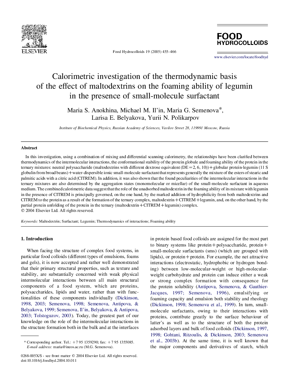 Calorimetric investigation of the thermodynamic basis of the effect of maltodextrins on the foaming ability of legumin in the presence of small-molecule surfactant