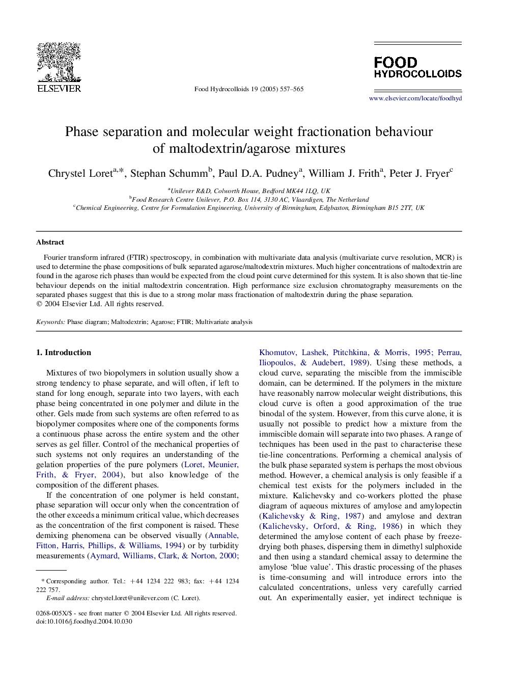 Phase separation and molecular weight fractionation behaviour of maltodextrin/agarose mixtures