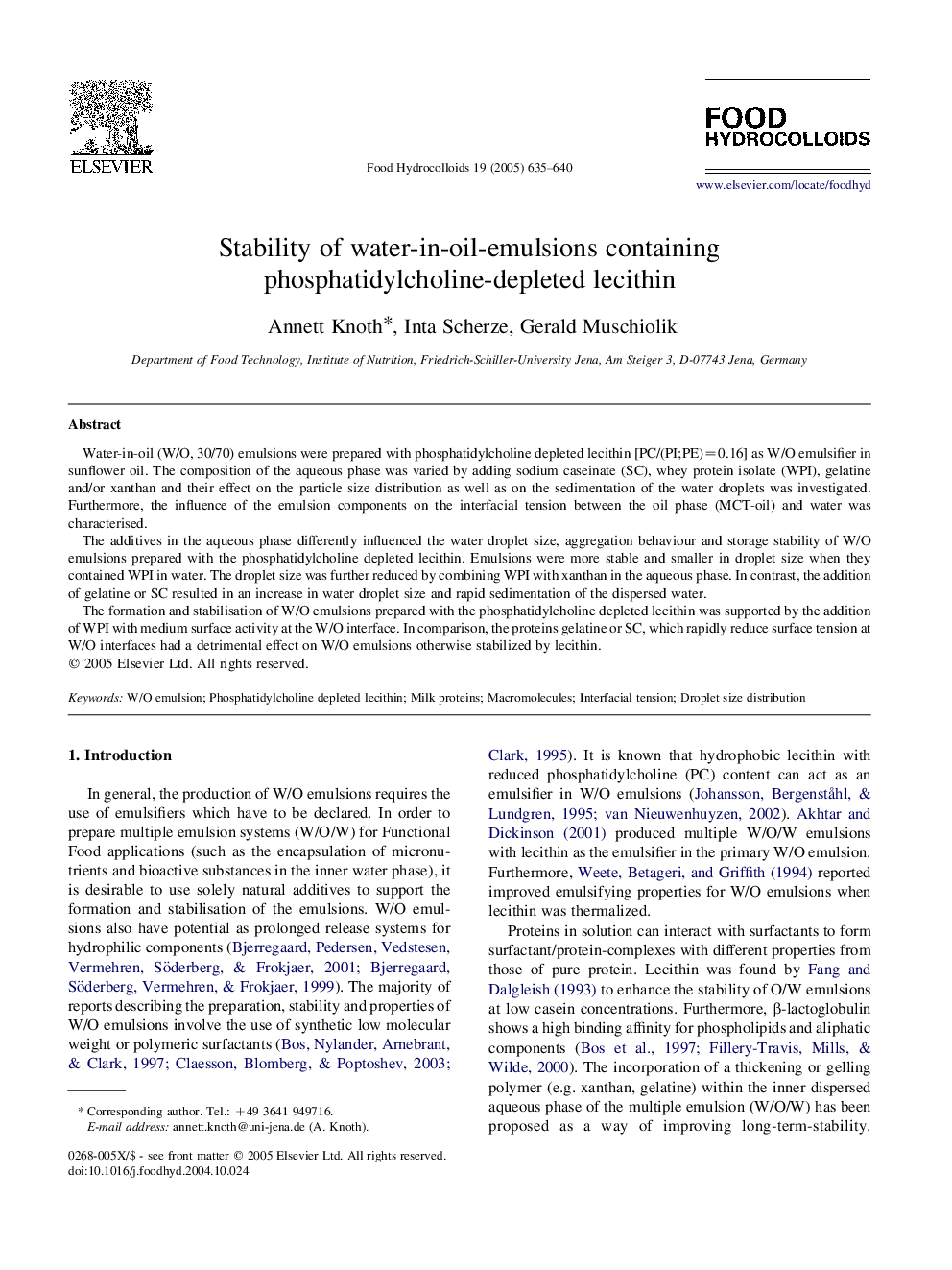 Stability of water-in-oil-emulsions containing phosphatidylcholine-depleted lecithin