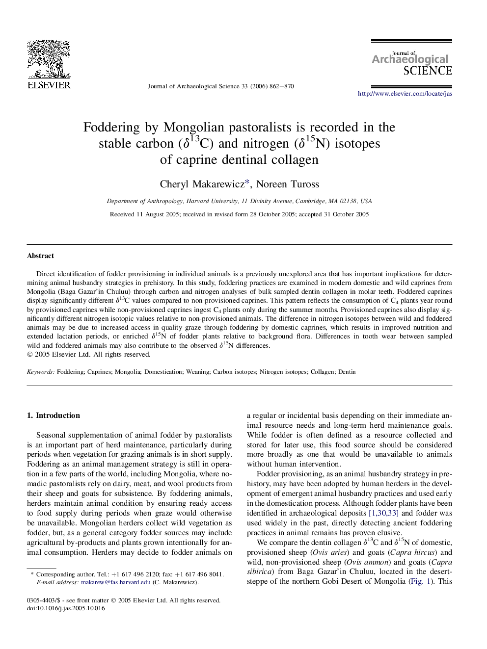 Foddering by Mongolian pastoralists is recorded in the stable carbon (δ13C) and nitrogen (δ15N) isotopes of caprine dentinal collagen