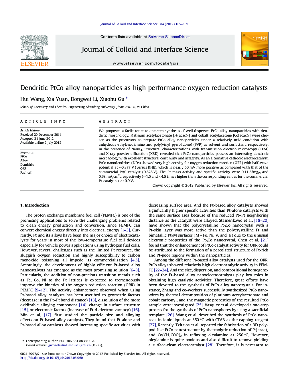 Dendritic PtCo alloy nanoparticles as high performance oxygen reduction catalysts