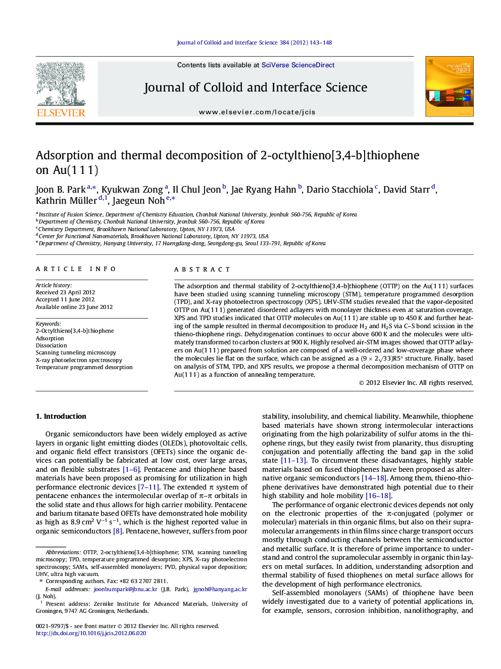 Adsorption and thermal decomposition of 2-octylthieno[3,4-b]thiophene on Au(1Â 1Â 1)