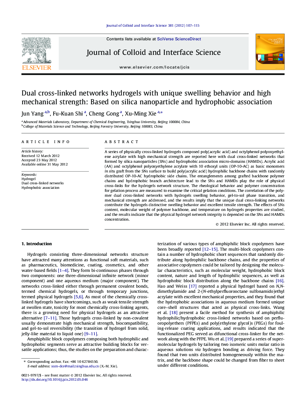 Dual cross-linked networks hydrogels with unique swelling behavior and high mechanical strength: Based on silica nanoparticle and hydrophobic association