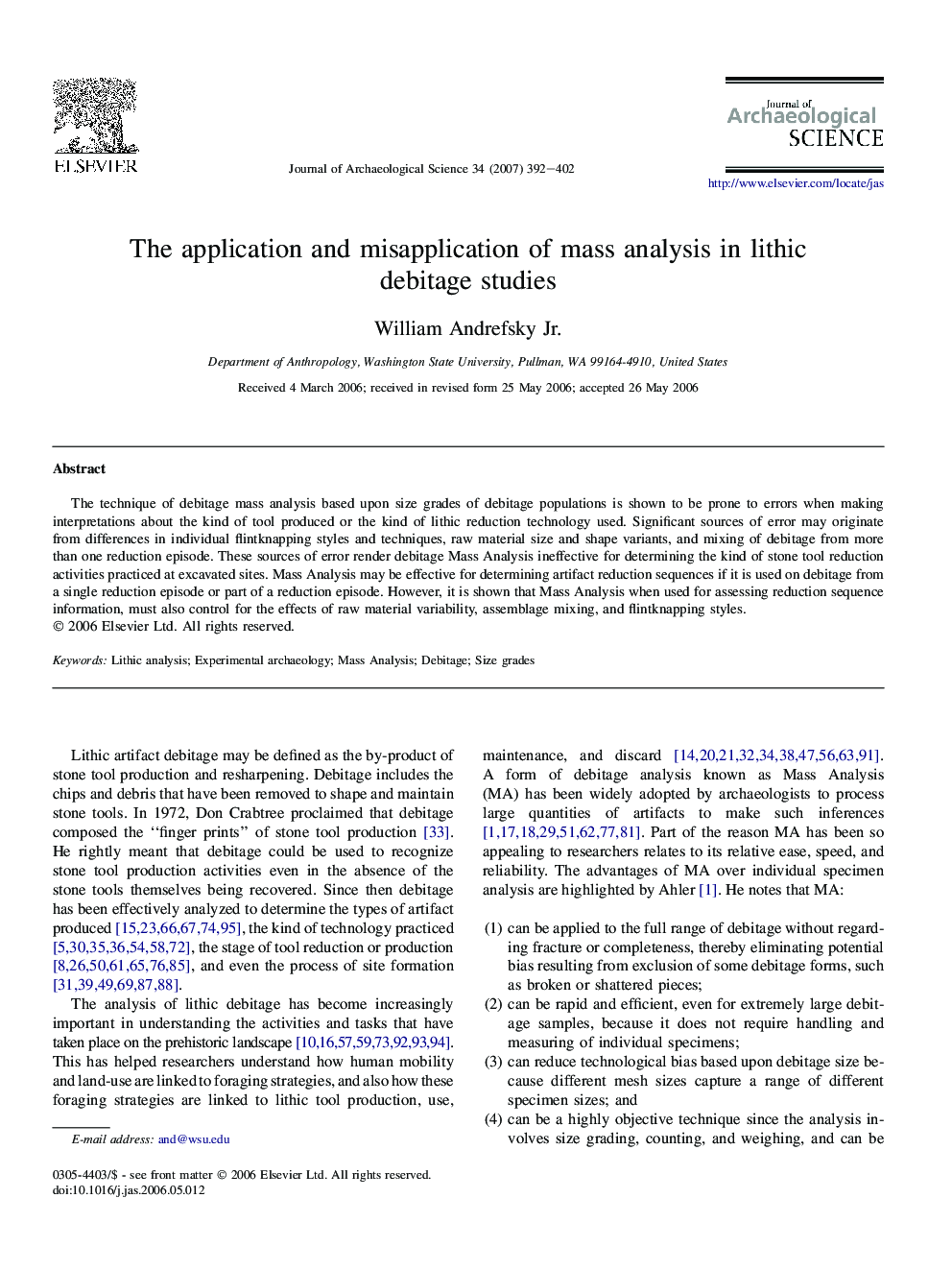 The application and misapplication of mass analysis in lithic debitage studies