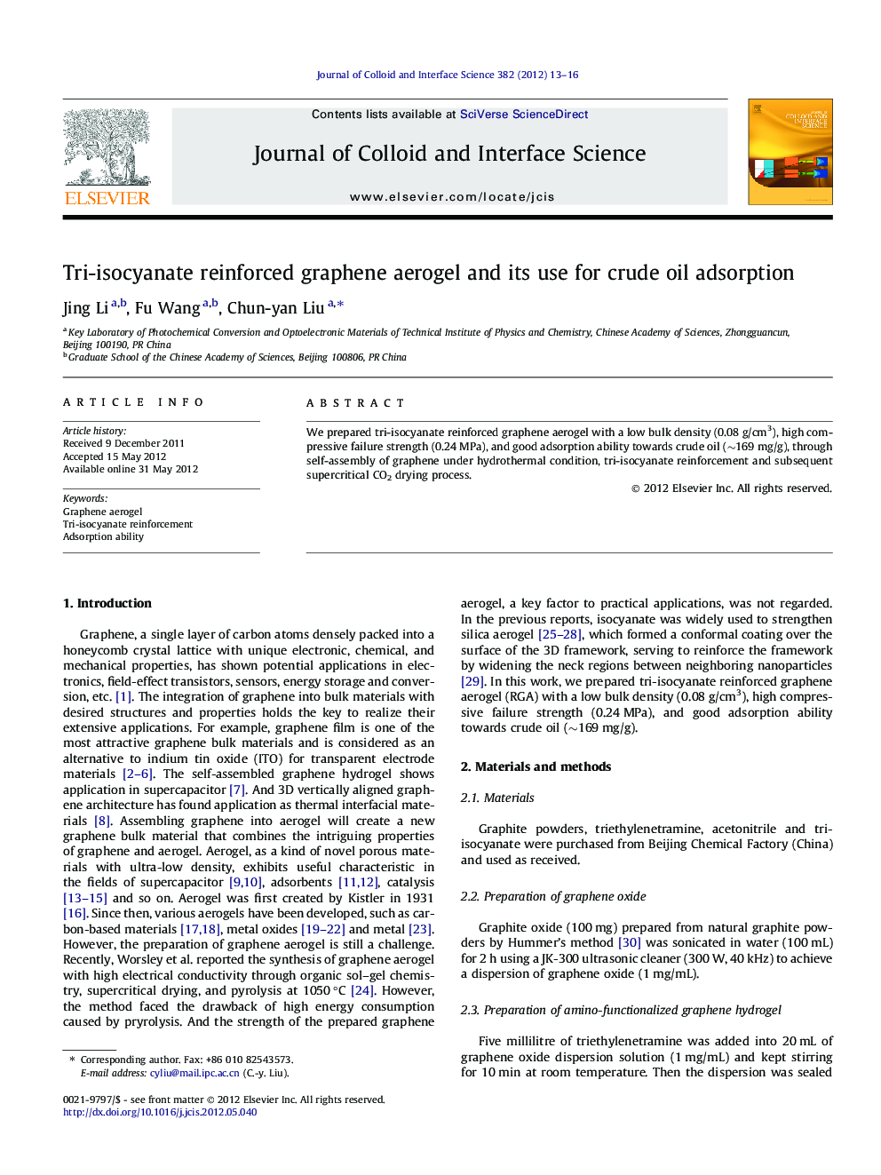 Tri-isocyanate reinforced graphene aerogel and its use for crude oil adsorption