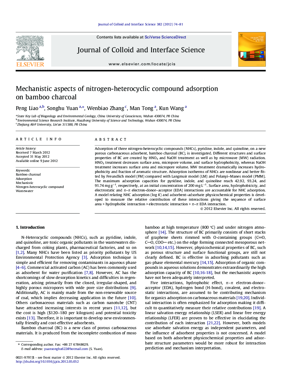 Mechanistic aspects of nitrogen-heterocyclic compound adsorption on bamboo charcoal