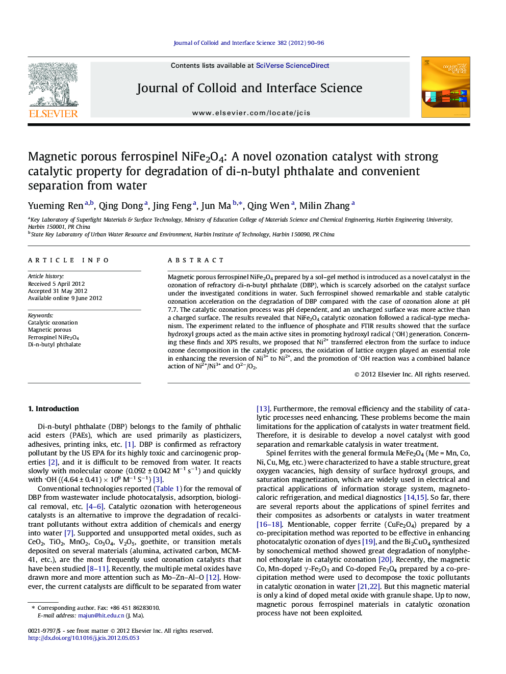 Magnetic porous ferrospinel NiFe2O4: A novel ozonation catalyst with strong catalytic property for degradation of di-n-butyl phthalate and convenient separation from water