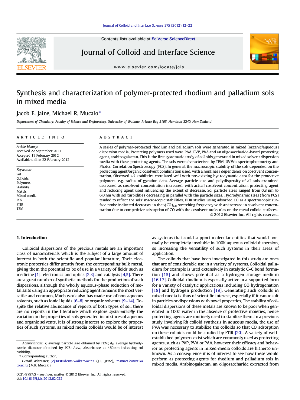 Synthesis and characterization of polymer-protected rhodium and palladium sols in mixed media