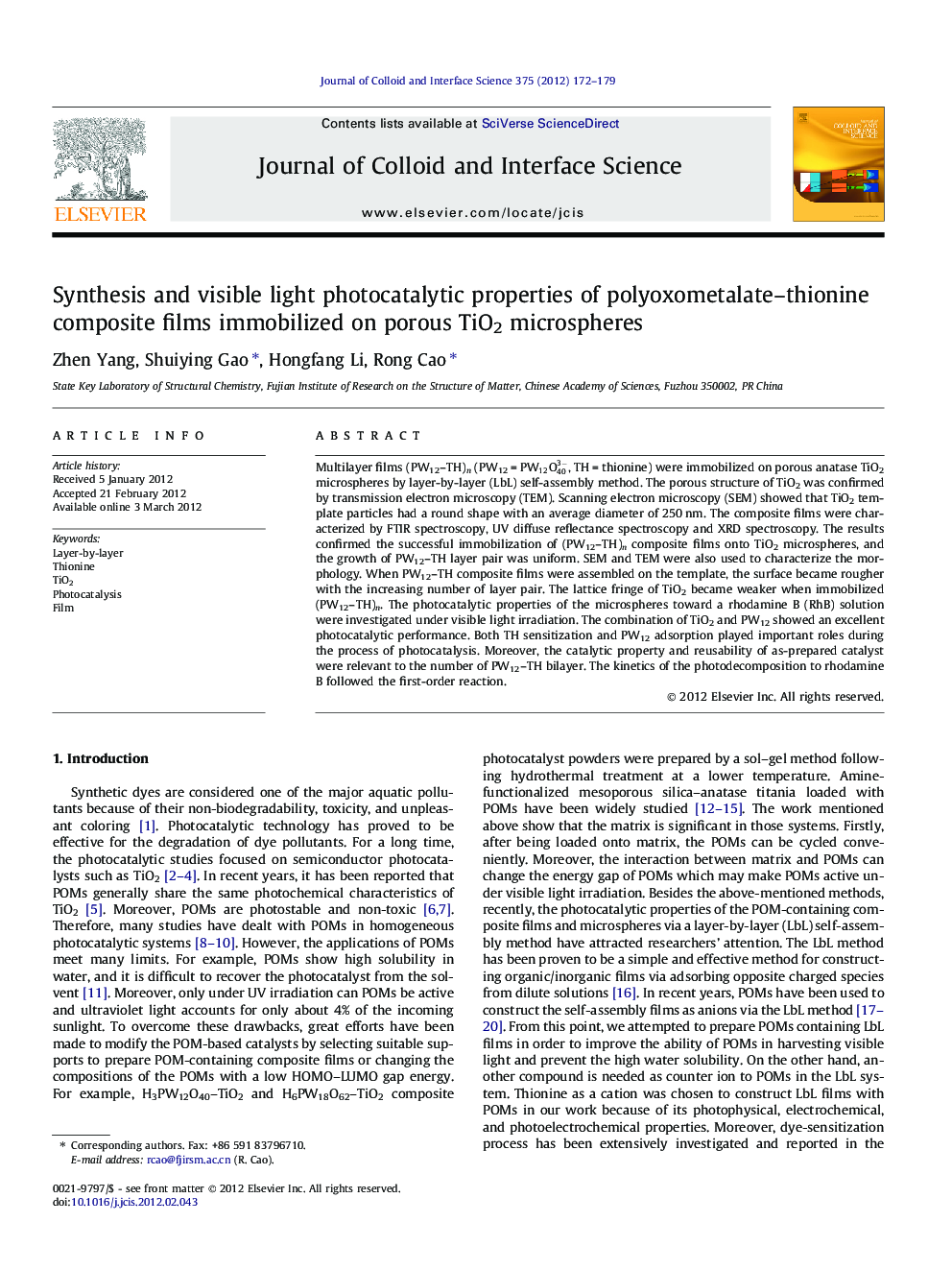 Synthesis and visible light photocatalytic properties of polyoxometalate-thionine composite films immobilized on porous TiO2 microspheres