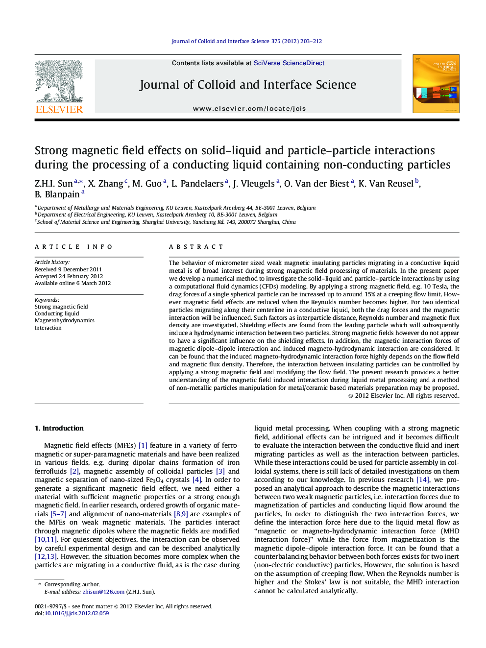 Strong magnetic field effects on solid-liquid and particle-particle interactions during the processing of a conducting liquid containing non-conducting particles