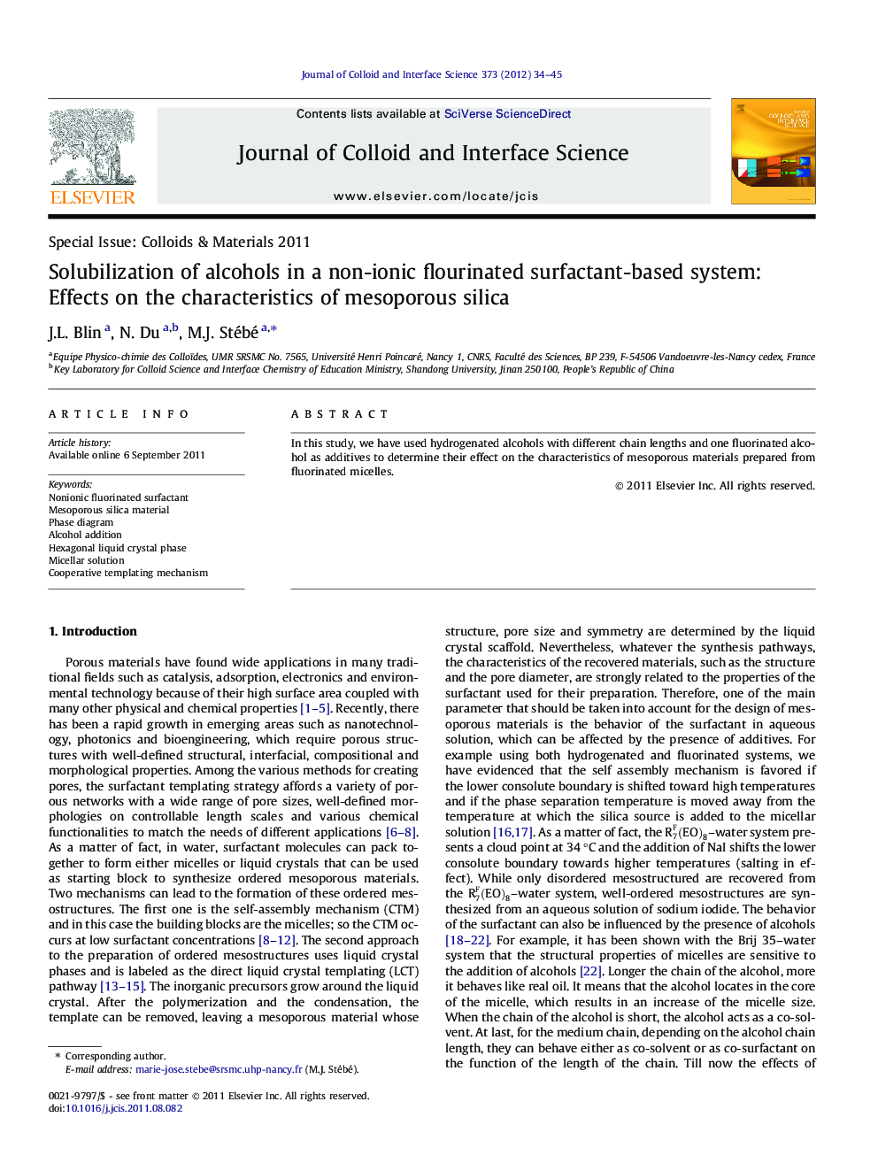 Alcohols solubilization in a nonionic fluorinated surfactant based system: Effect on the mesoporous silica characteristics