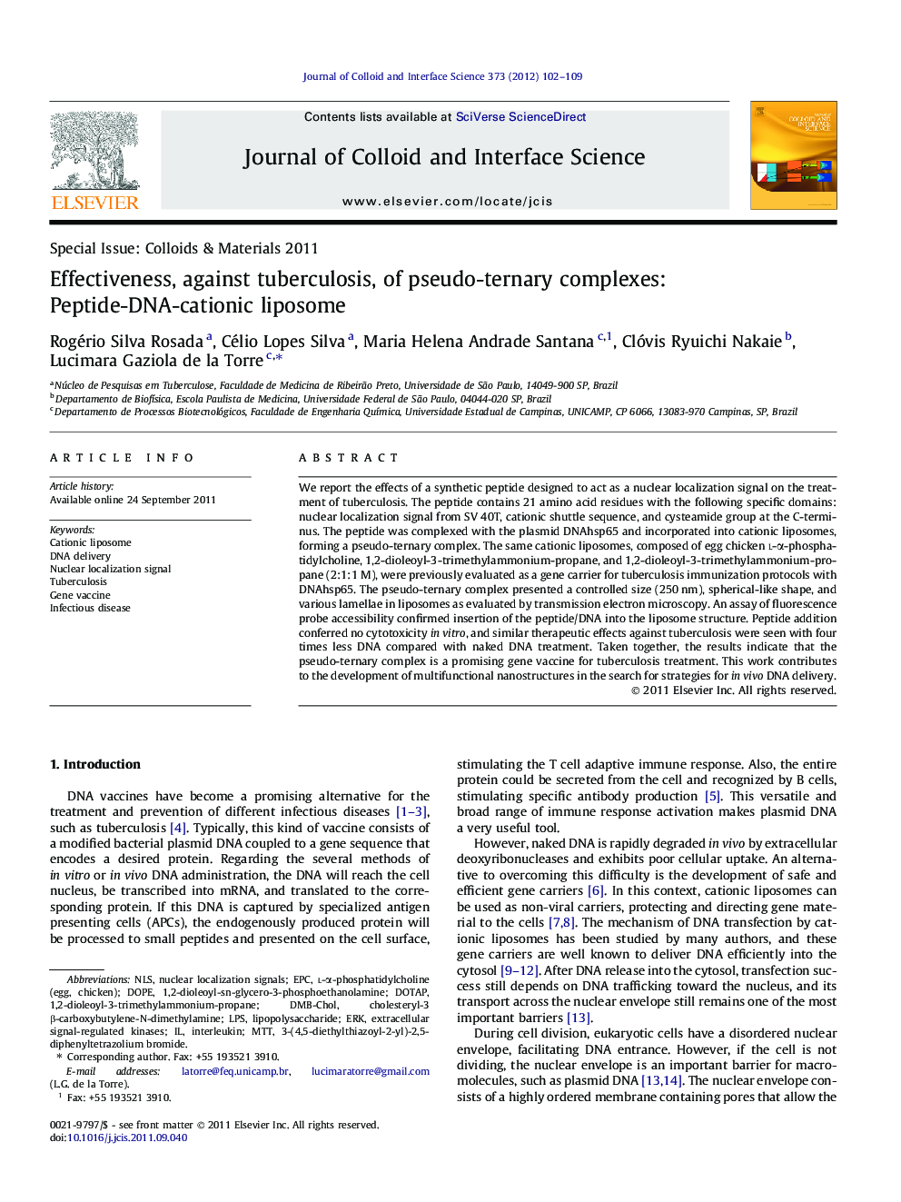 Effectiveness, against tuberculosis, of pseudo-ternary complexes: Peptide-DNA-cationic liposome