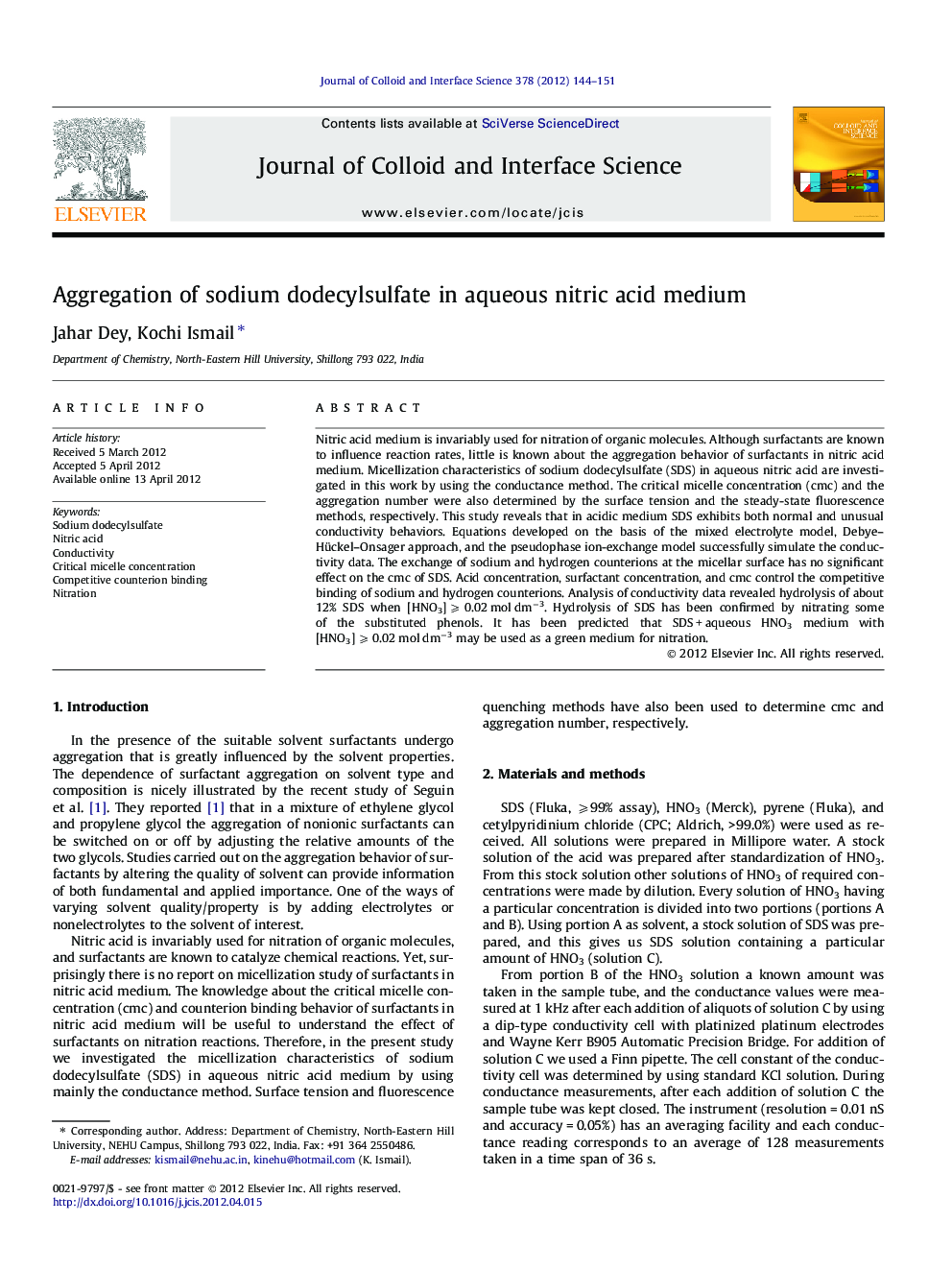 Aggregation of sodium dodecylsulfate in aqueous nitric acid medium