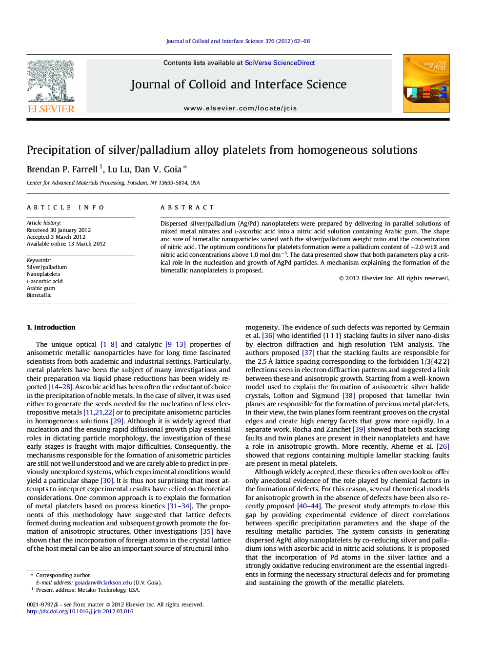 Precipitation of silver/palladium alloy platelets from homogeneous solutions