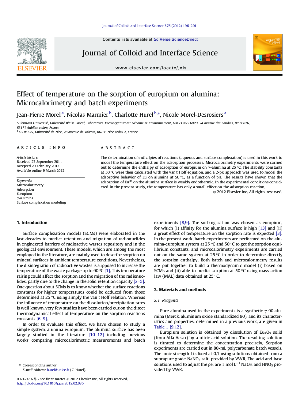 Effect of temperature on the sorption of europium on alumina: Microcalorimetry and batch experiments