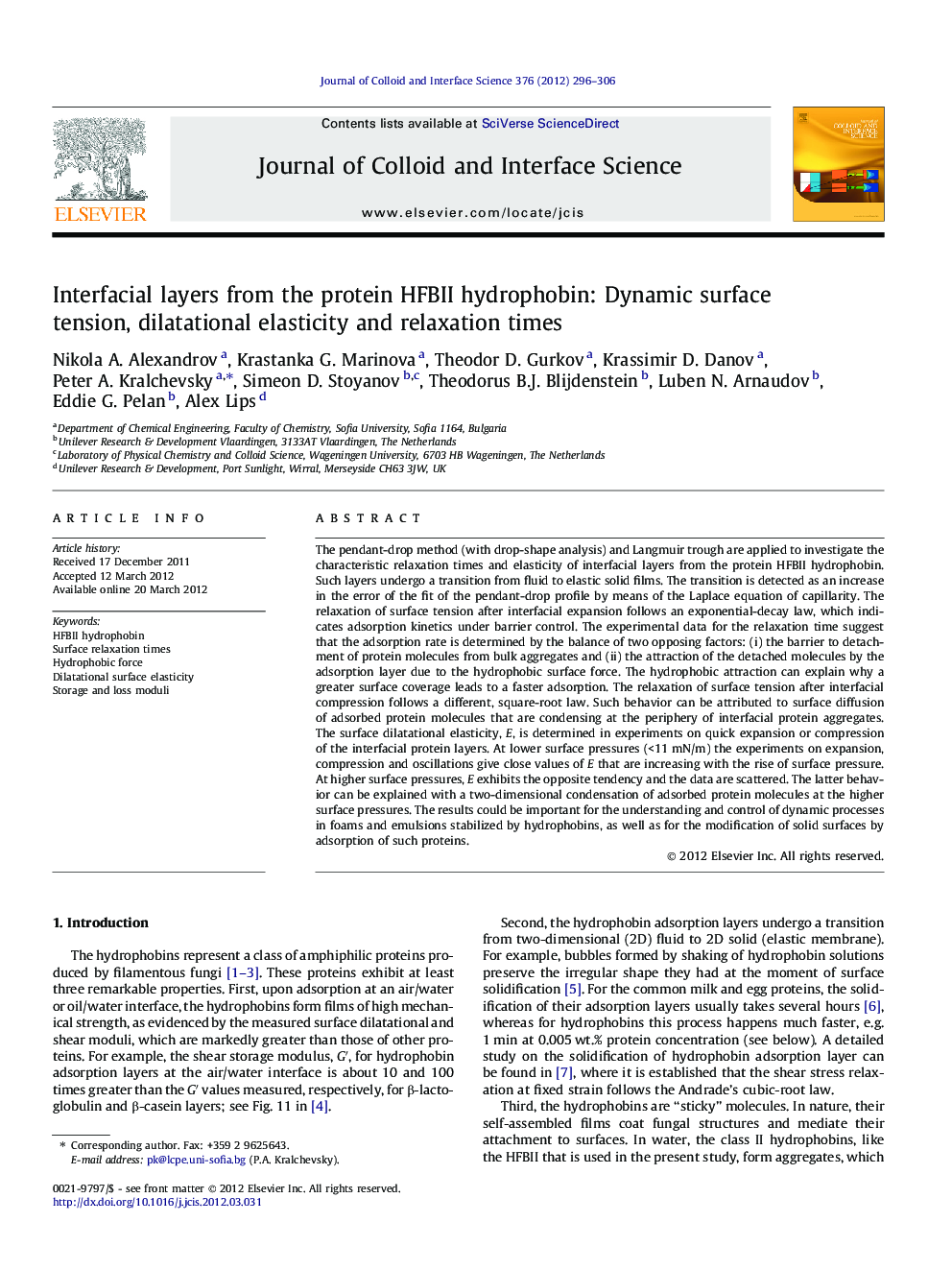 Interfacial layers from the protein HFBII hydrophobin: Dynamic surface tension, dilatational elasticity and relaxation times